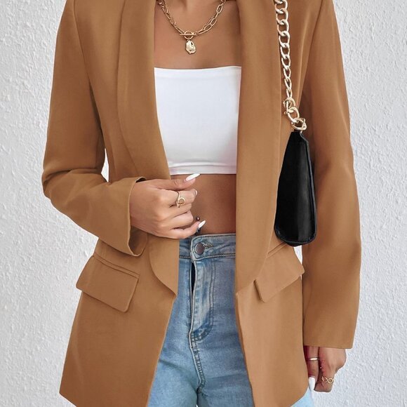 Brown Preppy Womens Solid Shawl Collar Blazer - Picture 5 of 5